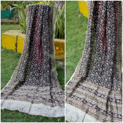 Black chanderi kora silk mercerised cotton blend kalamkari dupatta