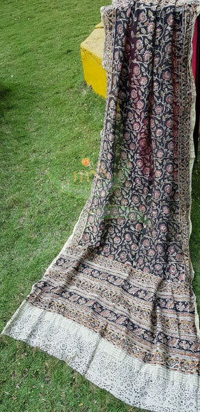 Black chanderi kora silk mercerised cotton blend kalamkari dupatta