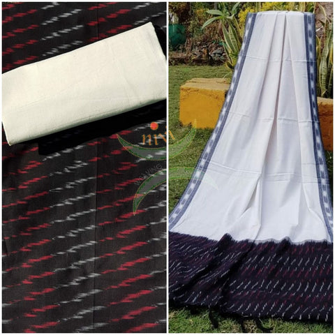 Black and white combination handloom pochampalli ikat cotton 3 piece suit set