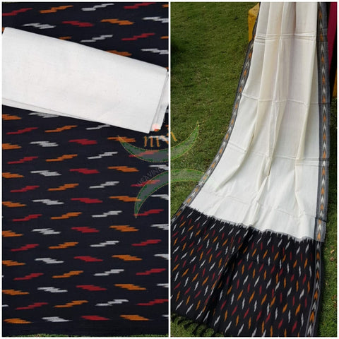 Black and off white combination handloom pochampalli ikat cotton 3 piece suit set