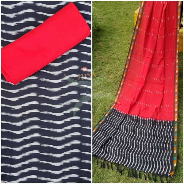 Black and red combination handloom pochampalli ikat cotton 3 piece suit set