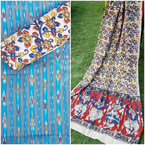 Handloom 3 piece suit set with ikat top and kalamkari dupatta and salwar fabric