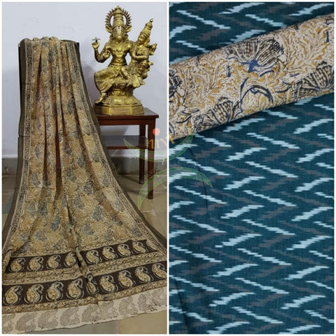 Handloom 3 piece suit set with ikat top and kalamkari dupatta and salwar fabric