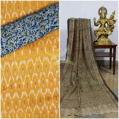 Handloom 3 piece suit set with ikat top and kalamkari dupatta and salwar fabric