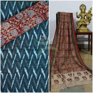 Handloom 3 piece suit set with ikat top and kalamkari dupatta and salwar fabric