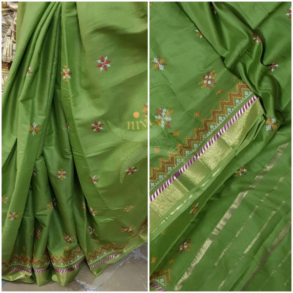 Green soft mercerised kota cotton with geometric motif kasuti embroidery
