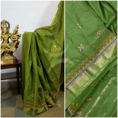 Green soft mercerised kota cotton with geometric motif kasuti embroidery