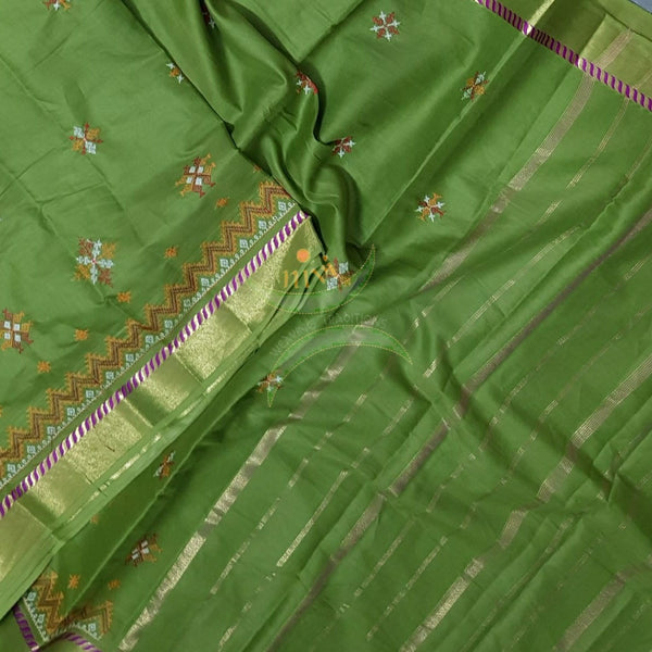 Green soft mercerised kota cotton with geometric motif kasuti embroidery