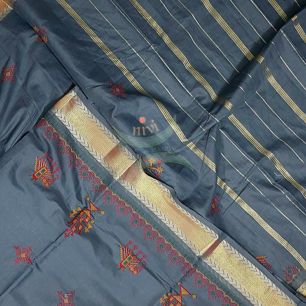 Grey soft mercerised kota cotton with anne gopura motif kasuti embroidery