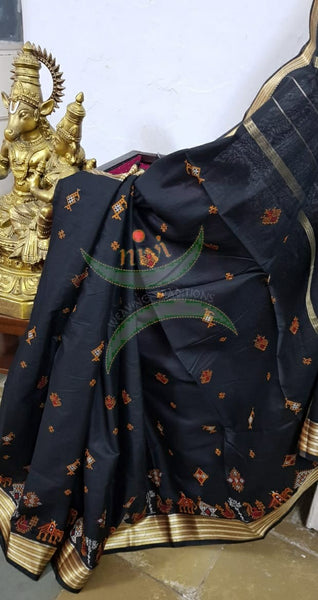 Black soft mercerised kota cotton with anne gopura motif kasuti embroidery