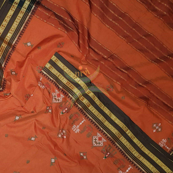 Orange soft mercerised narayanpet cotton with anne gopura motif kasuti embroidery