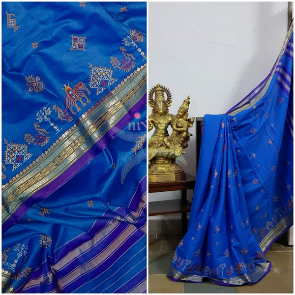 Royal blue soft mercerised kota cotton with anne gopura motif kasuti embroidery