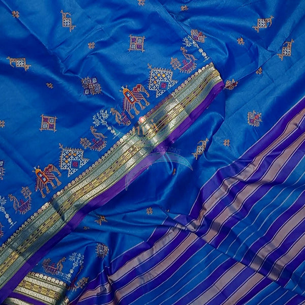 Royal blue soft mercerised kota cotton with anne gopura motif kasuti embroidery