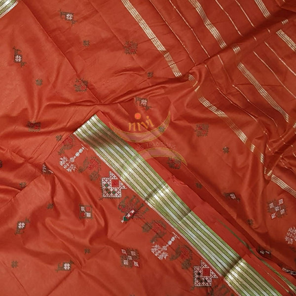 Orange soft mercerised kota cotton with anne gopura motif kasuti embroidery