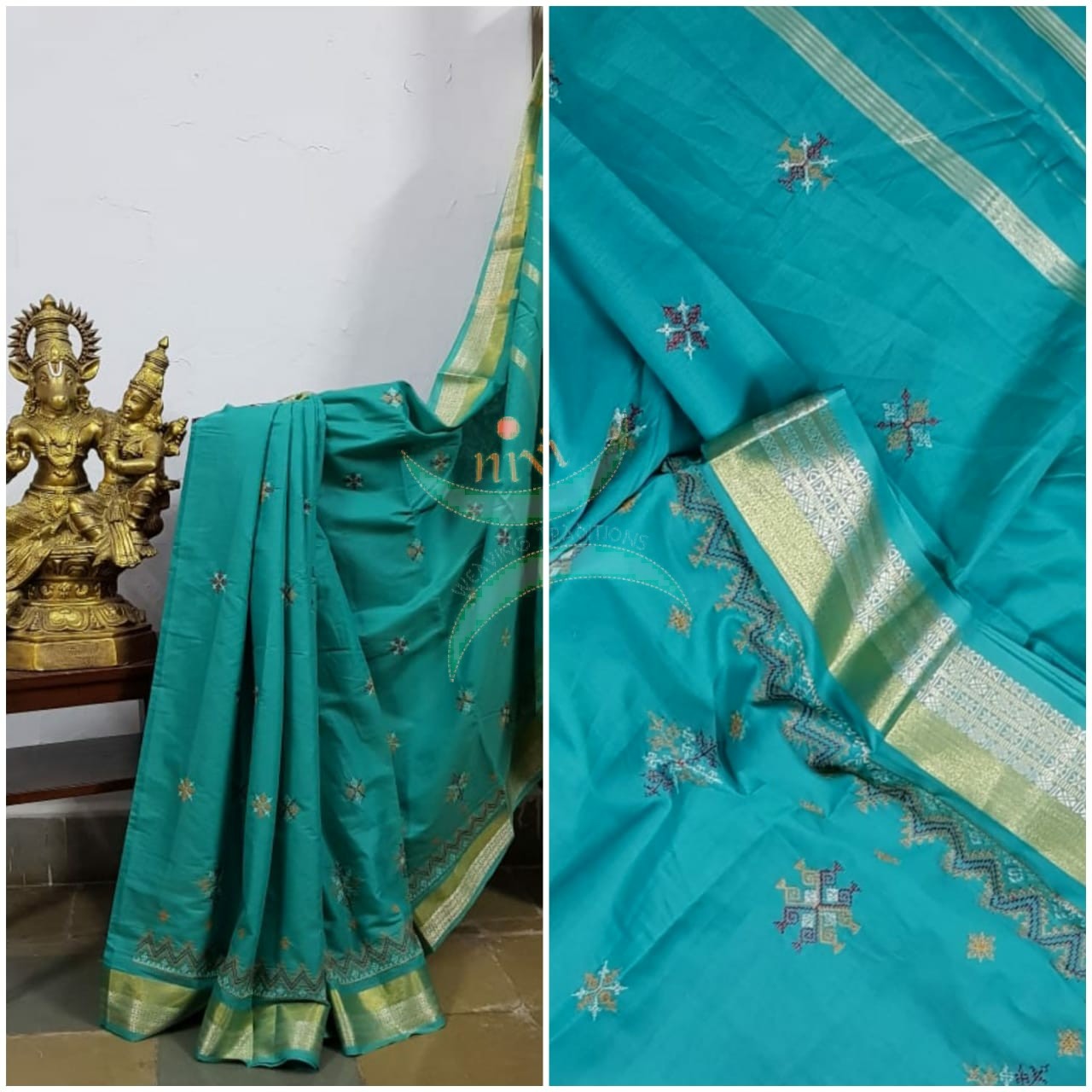 Sea blue soft mercerised kota cotton with geometric motif kasuti embroidery