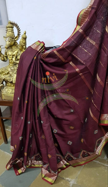 Wine maroon soft mercerised kota cotton with anne gopura motif kasuti embroidery