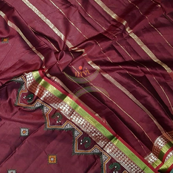 Wine maroon soft mercerised kota cotton with anne gopura motif kasuti embroidery