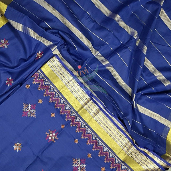 Royal blue soft mercerised kota cotton with geometric  motif kasuti embroidery