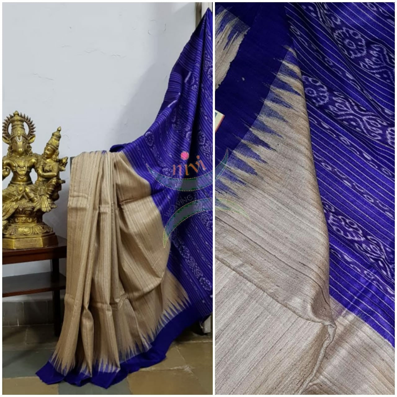 Handloom sambalpuri geecha tussar with contrasting royal blue temple border and pallu.