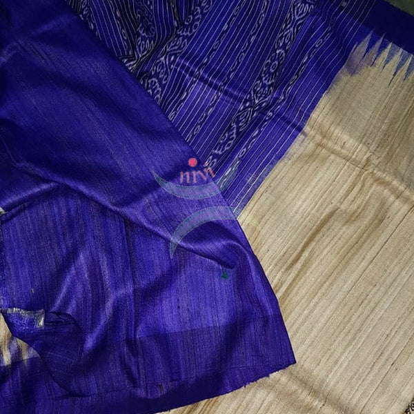 Handloom sambalpuri geecha tussar with contrasting royal blue temple border and pallu.