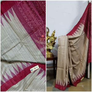 Handloom sambalpuri geecha tussar with contrasting maroon temple border and pallu.