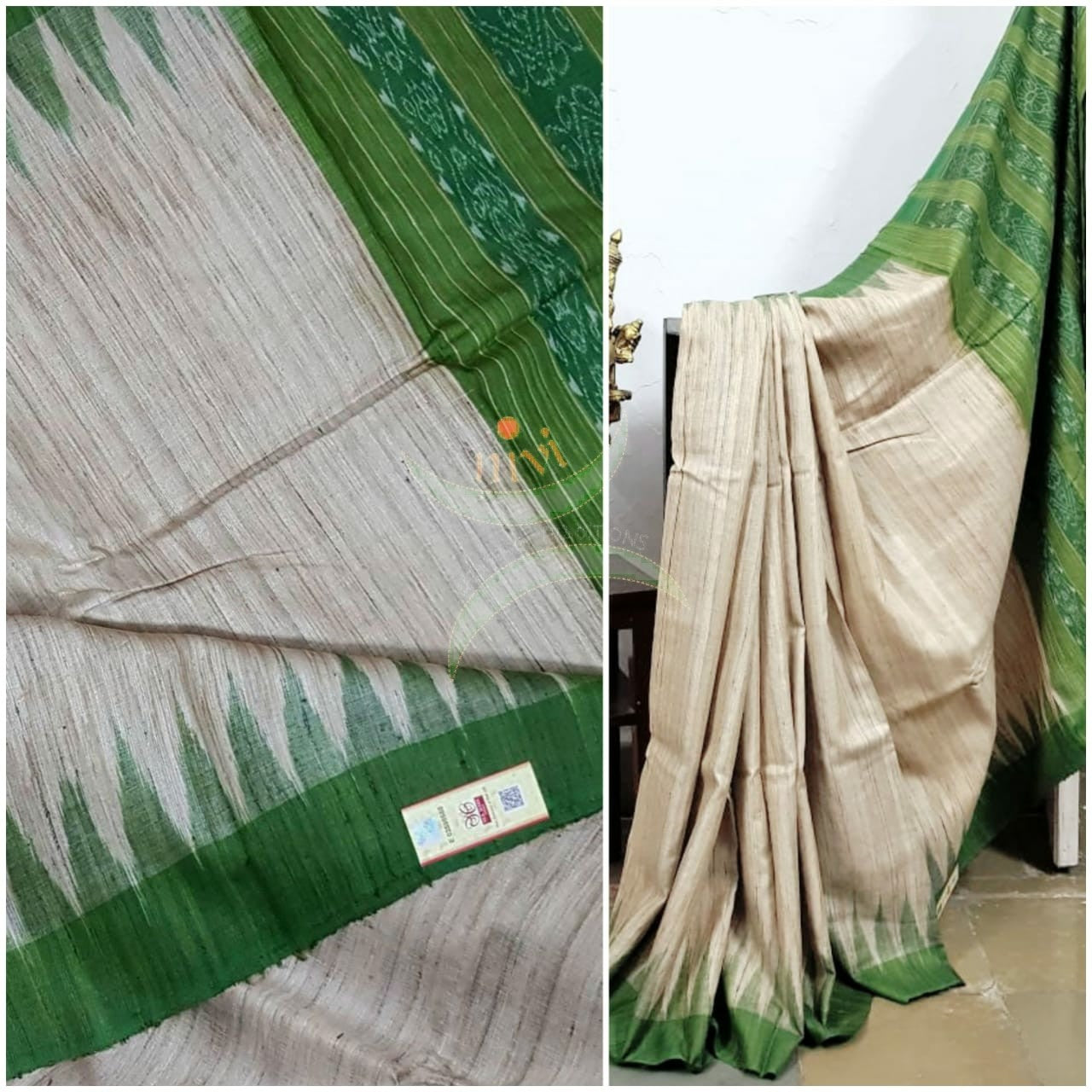Handloom sambalpuri geecha tussar with contrasting green temple border and pallu.