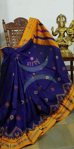 Royal blue ilkal silk cotton with mustard border and peacock motif kasuti embroidery.