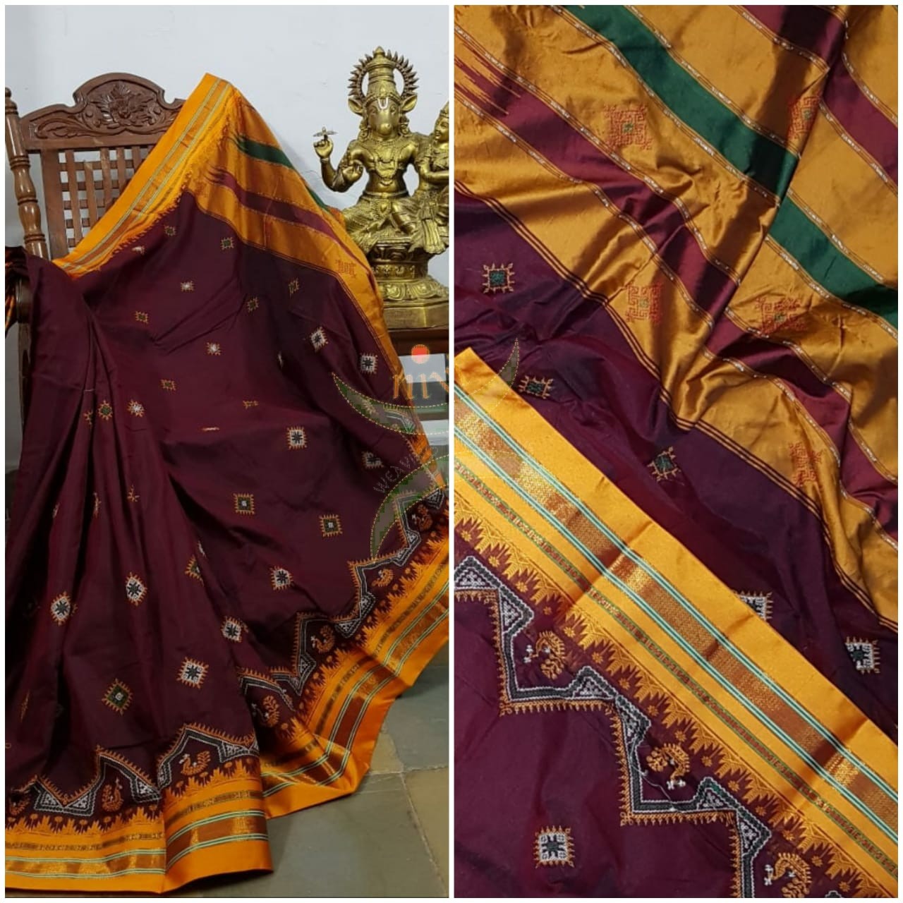 Maroon ilkal silk cotton with mustard border and peacock motif kasuti embroidery.