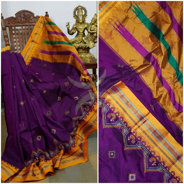 Purple ilkal silk cotton with mustard border and peacock motif kasuti embroidery.