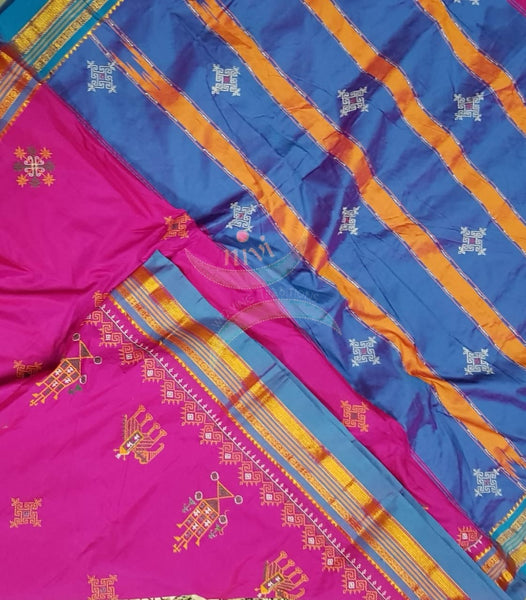 Fuschia Pink ilkal silk cotton with two tone blue border and anne gopura motif kasuti embroidery.