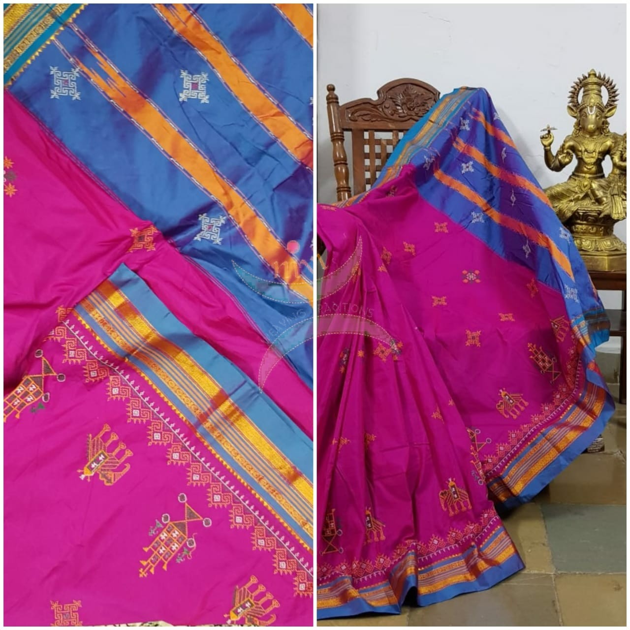 Fuschia Pink ilkal silk cotton with two tone blue border and anne gopura motif kasuti embroidery.