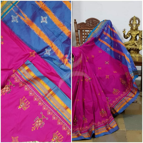 Fuschia Pink ilkal silk cotton with two tone blue border and anne gopura motif kasuti embroidery.