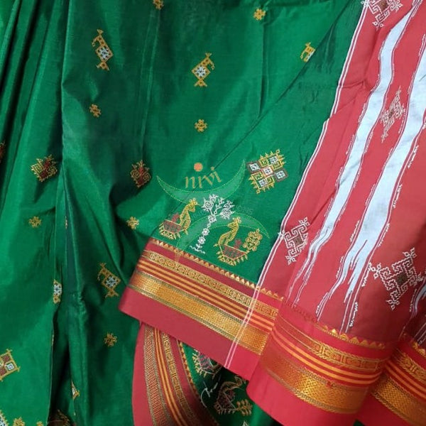 Green ilkal silk cotton with red border and anne ambari motif kasuti embroidery.
