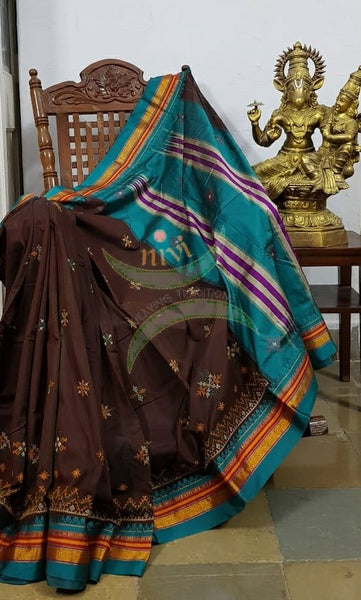Brown ilkal silk cotton with blue border and geometric motif kasuti embroidery.