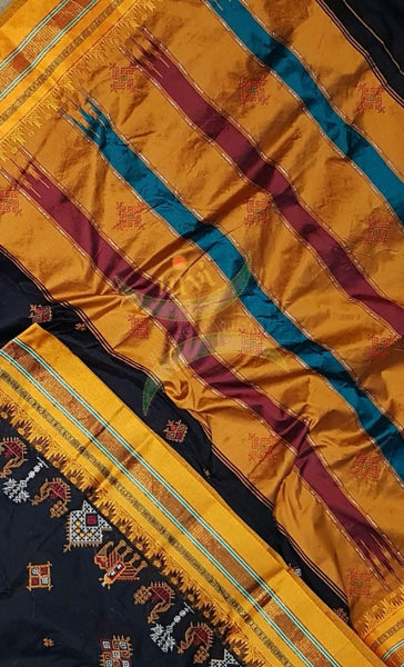 Black ilkal silk cotton with mustard border and anne ambari motif kasuti embroidery.