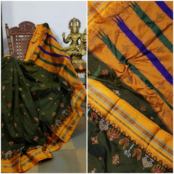 Mehendi green ilkal silk cotton with mustard border and anne ambari motif kasuti embroidery.