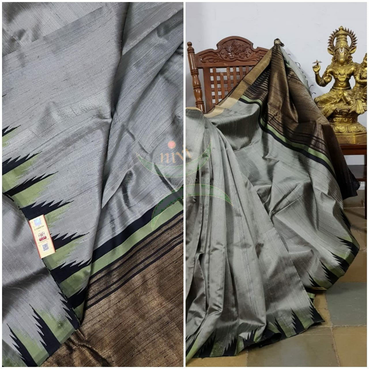 Silver grey handloom pure raw silk tussar with temple border in contrasting black and bronze pallu.