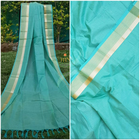 Sea green kota cotton dupatta with gold tissue border