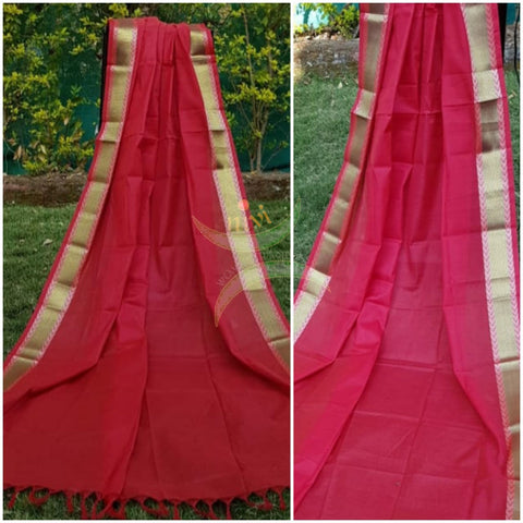 Red kota cotton dupatta with gold border