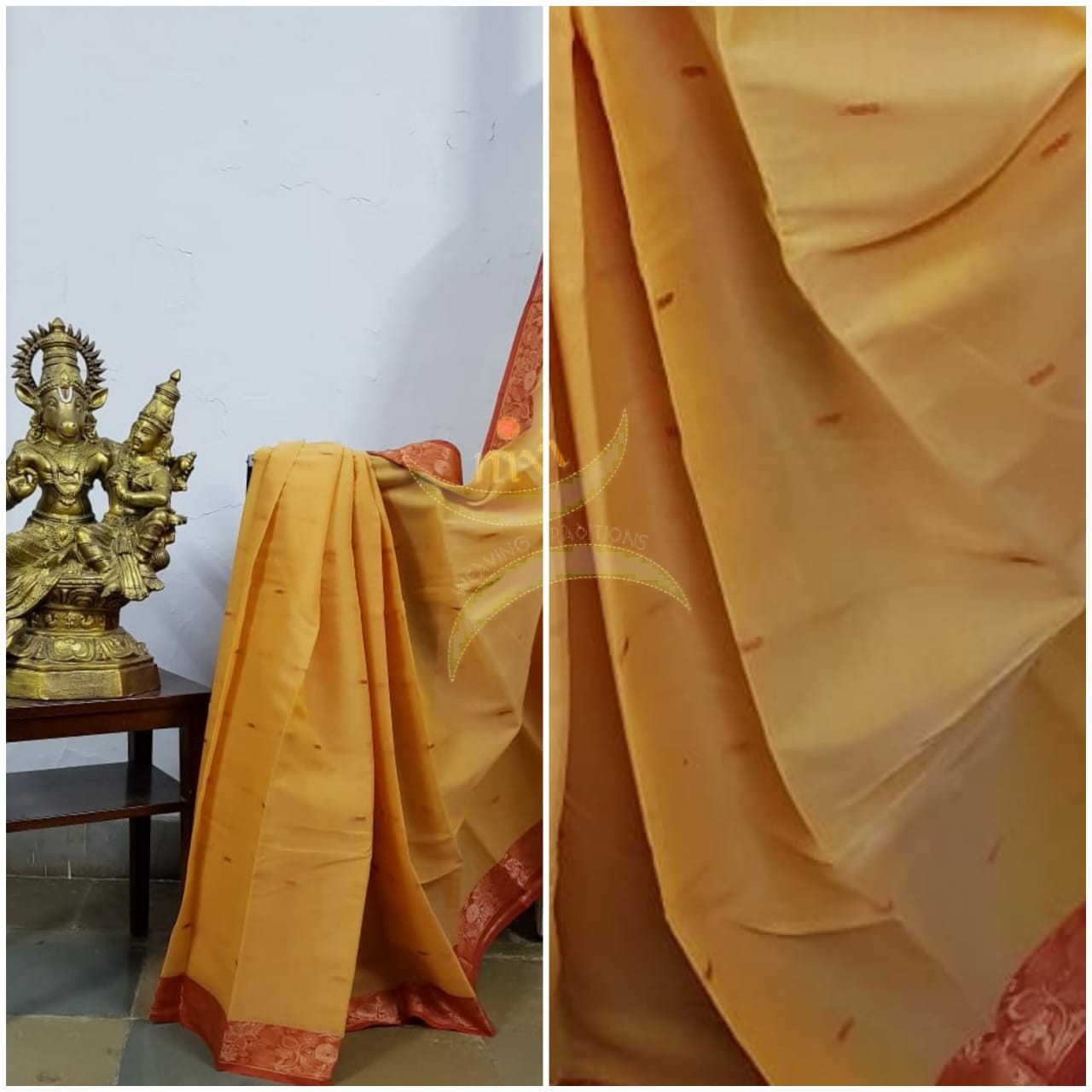 Turmeric yellow cotton blend 1000 butta saree with tissue pallu.
