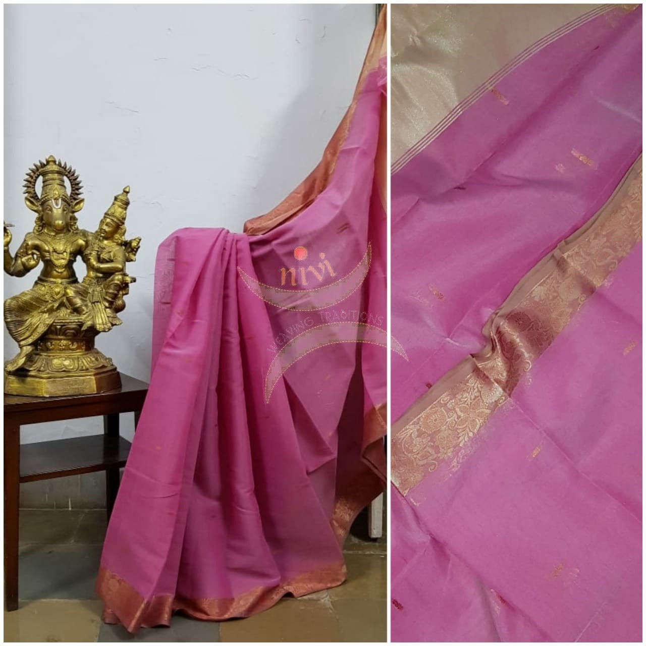 Pink cotton blend 1000 butta saree with tissue pallu.
