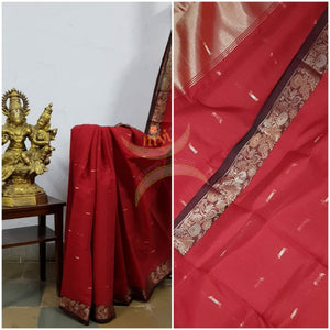 Red cotton blend 1000 butta saree with tissue pallu.
