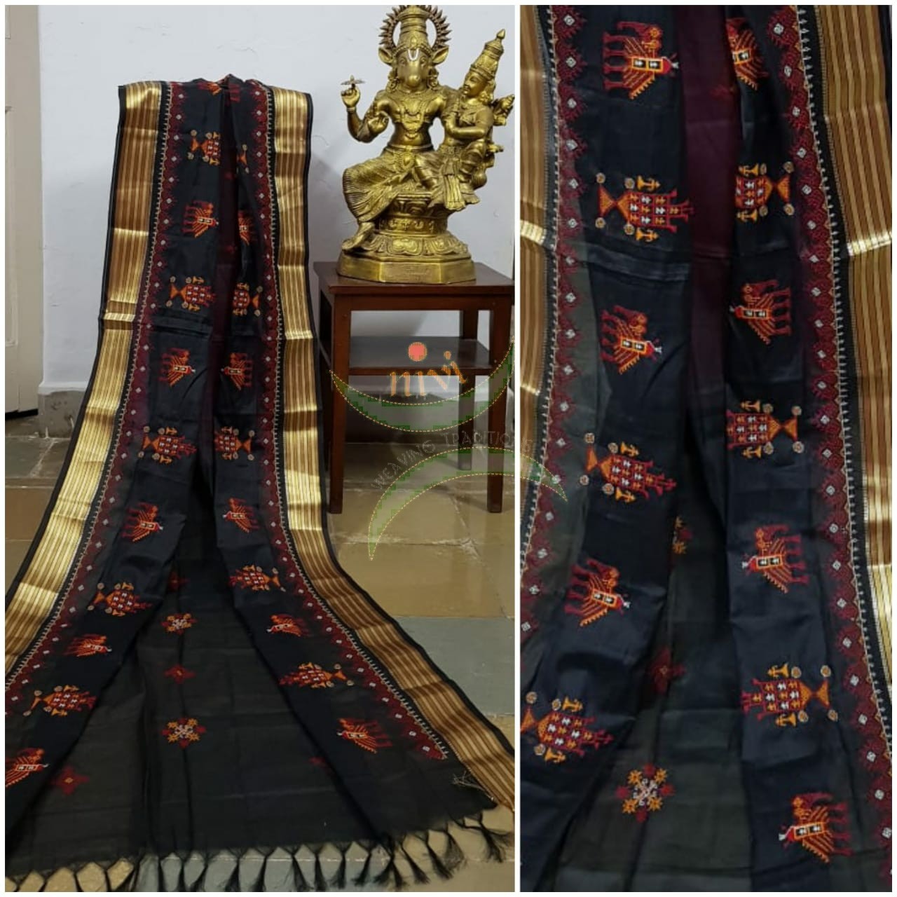 Black kota cotton dupatta with gold border and traditional anne gopura kasuti embroidery