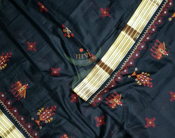 Black kota cotton dupatta with gold border and traditional anne gopura kasuti embroidery