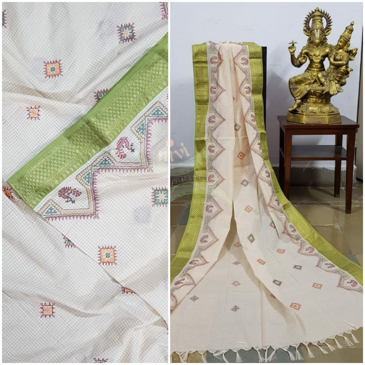 Off white chequered kota cotton dupatta with traditional peacock motif kasuti embroidery