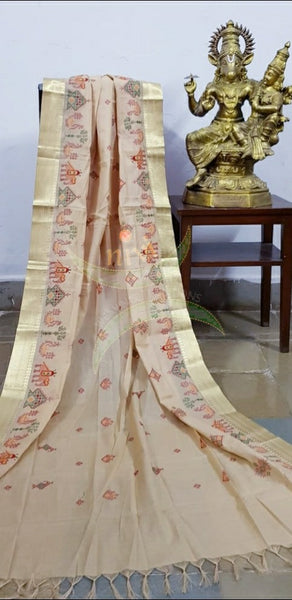Beige kota cotton dupatta with traditional anne ambari motif kasuti embroidery