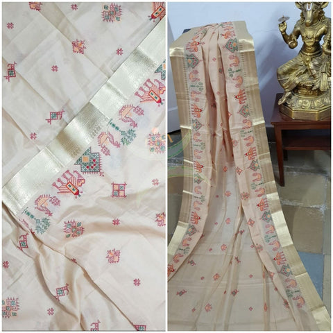 Beige kota cotton dupatta with traditional anne ambari motif kasuti embroidery