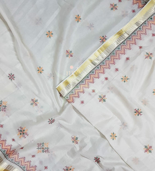 Off white kota cotton dupatta with gold border and traditional geometric motif kasuti embroidery