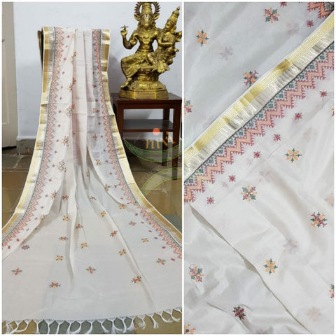 Off white kota cotton dupatta with gold border and traditional geometric motif kasuti embroidery