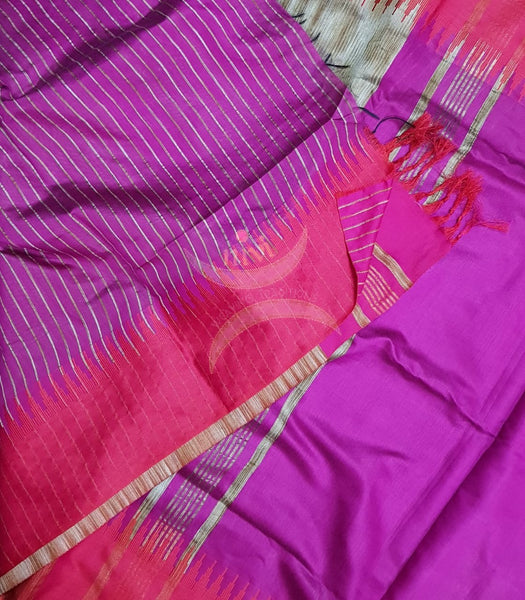 Pink Bengal handloom tussar with geecha pallu in contrasting vintage gold colour and red temple border.